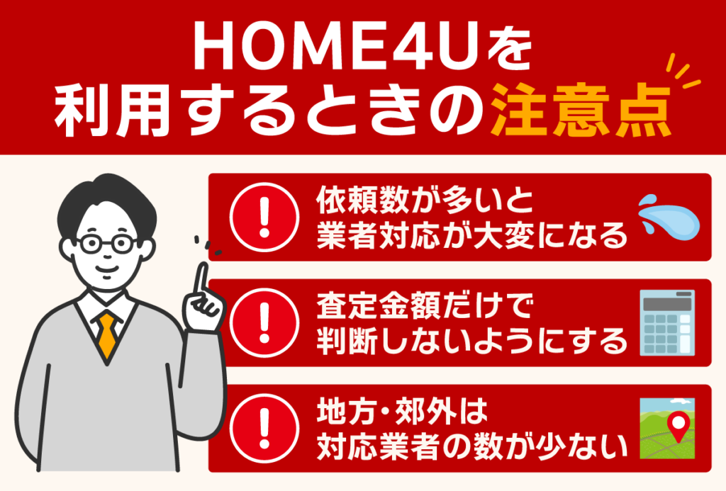 HOME4Uを利用するときの注意点を3つまとめた図解画像