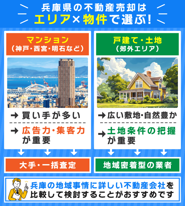 兵庫で不動産売却する際のポイントについて都市部と郊外で比較した画像