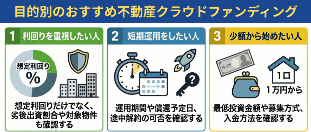 目的別に不動産クラウドファンディングサービスをまとめた列挙型画像